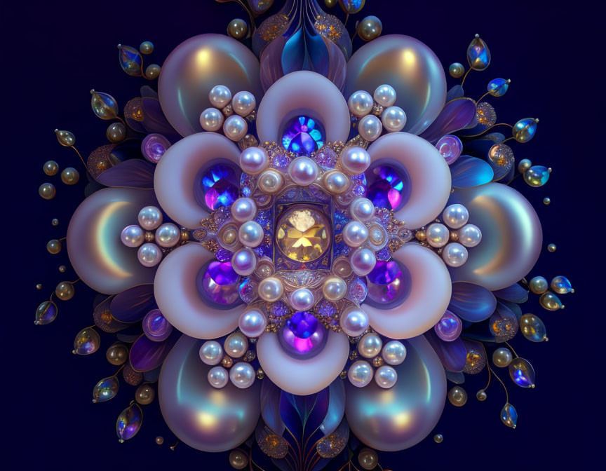 Symmetrical floral digital art with pearls and gemstones on deep blue background