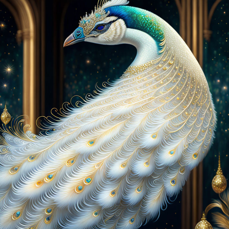 Detailed blue and gold peacock illustration on starry backdrop