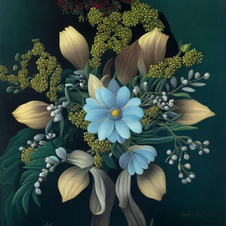 Detailed Floral Painting: Blue Flower with White Buds, Green Foliage, Red & White Ber