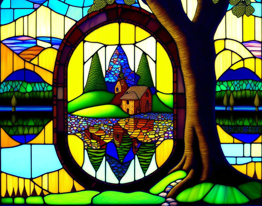 Vibrant stained glass window of tree, house, hills & sky