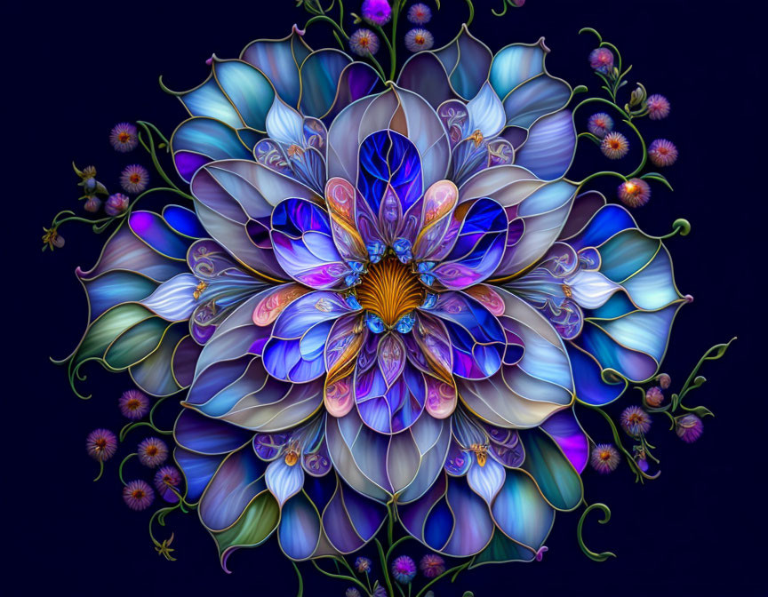 Stylized digital artwork of intricate translucent flower in blue, purple, and pink on dark background