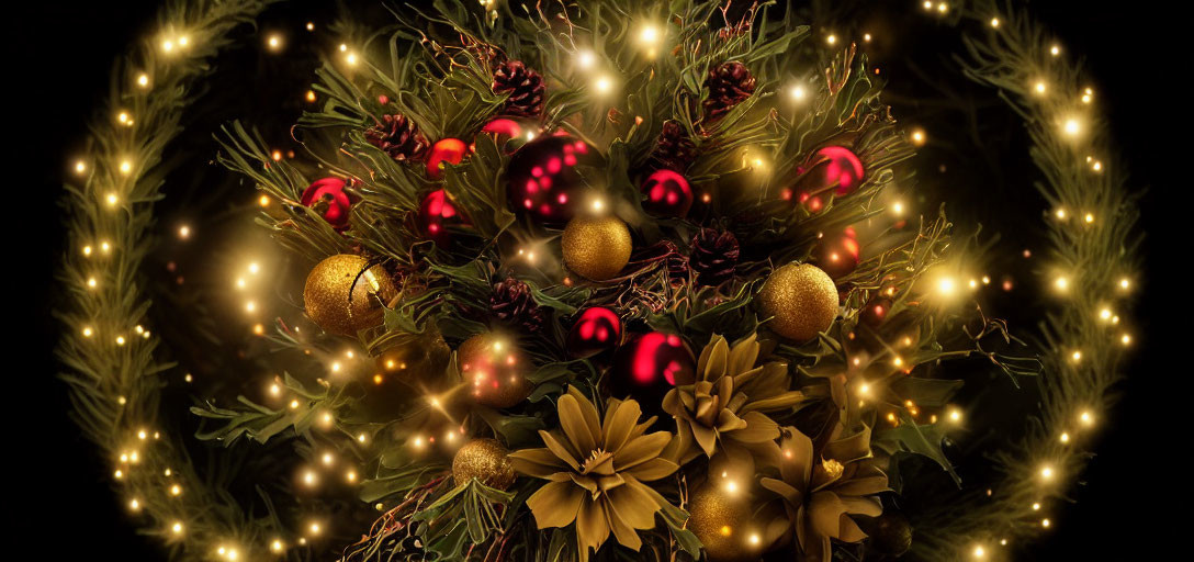 Christmas wreath with golden and red ornaments, pine cones, and twinkling lights on dark background