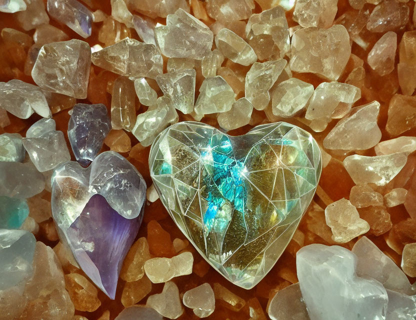 Iridescent Heart-Shaped Crystal with Translucent Gemstones and Purple Crystal