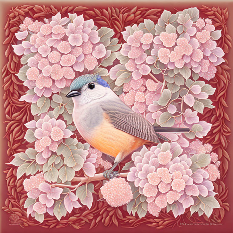 Blue-gray and peach bird on branch with pink hydrangeas against crimson background