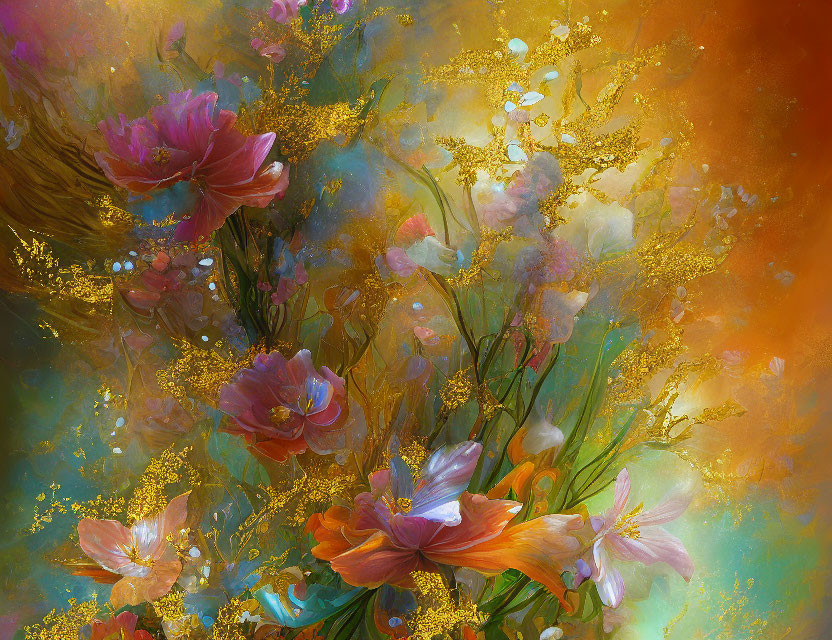 Colorful flower digital art with gold accents on warm backdrop