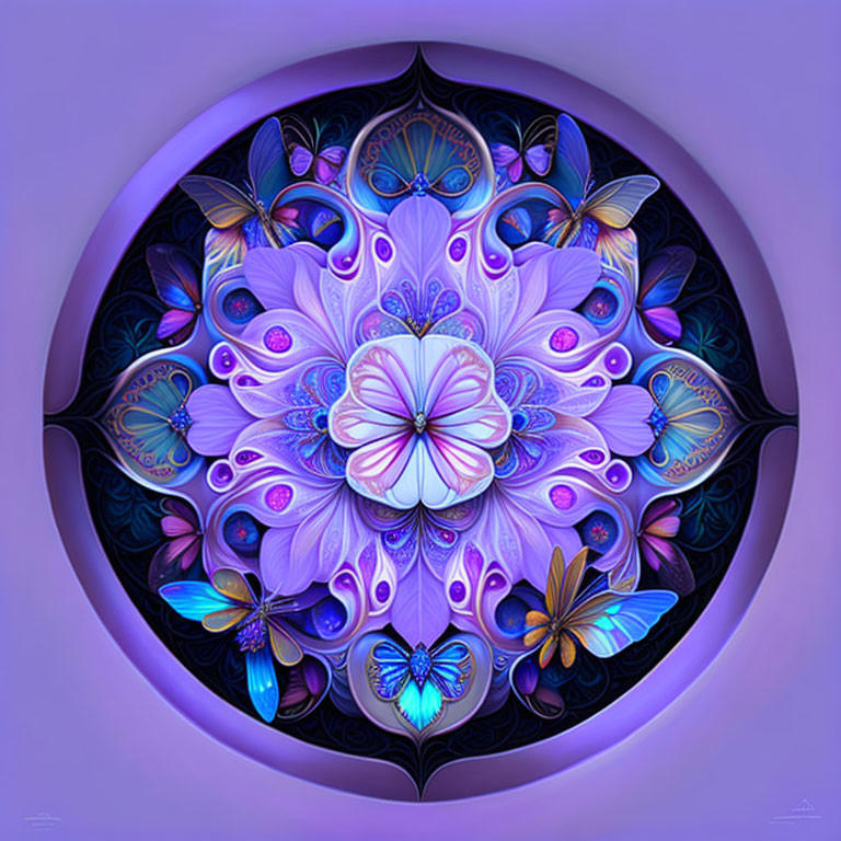 Circular Mandala Artwork with Butterflies and Floral Motifs in Purple and Blue