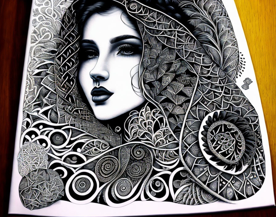 Detailed Black and White Woman's Face Illustration with Mandala Designs