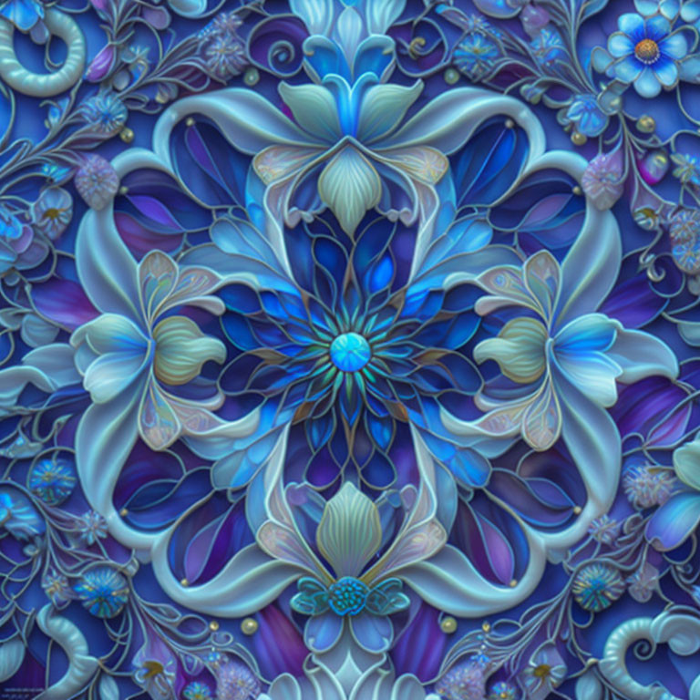 Detailed Blue Mandala with Symmetrical Floral Patterns in Shades of Blue, Purple, and Teal