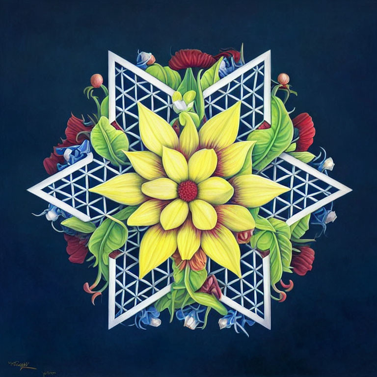 Vibrant geometric floral painting with yellow, red, blue, and purple flowers on dark background