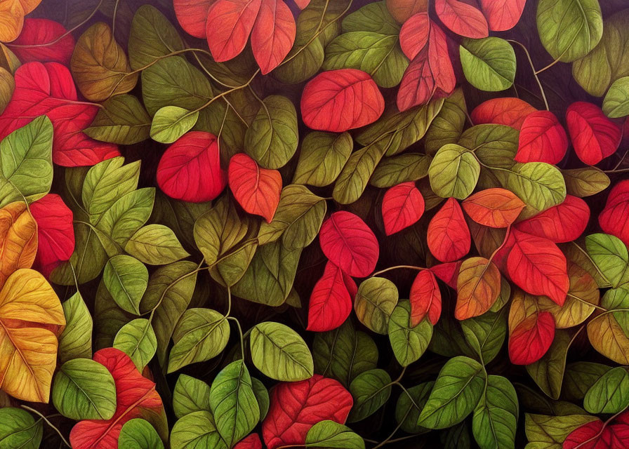 Vivid Autumnal Leaf Mosaic in Green, Red, and Yellow