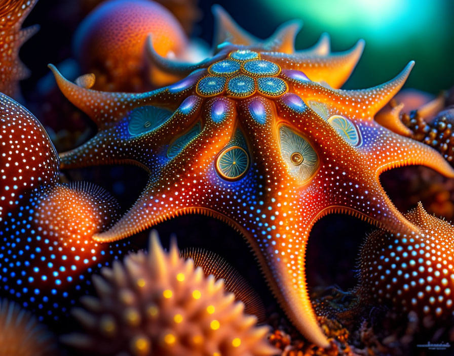 Vibrant starfish with intricate patterns among marine invertebrates in soft light