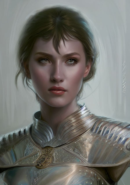 Digital painting of stern woman in silver ornate armor with determined expression