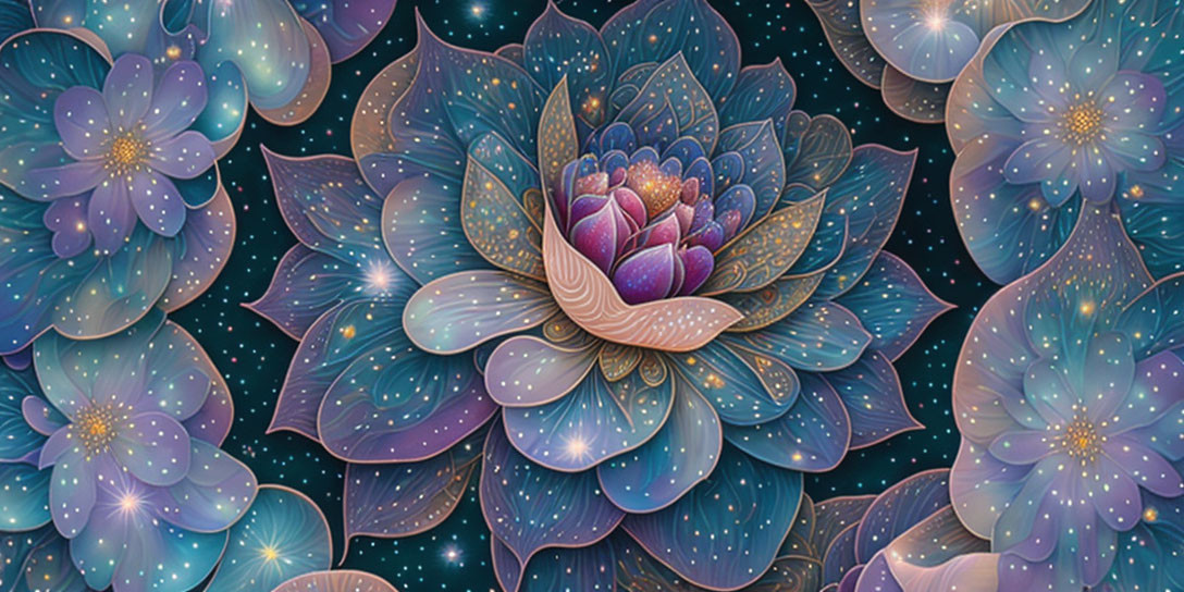 Vibrant cosmic lotus flower in blue and purple with glowing accents