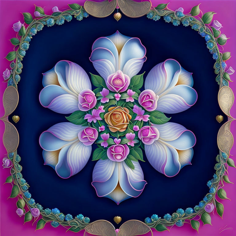 Symmetrical floral mandala with central rose on purple background