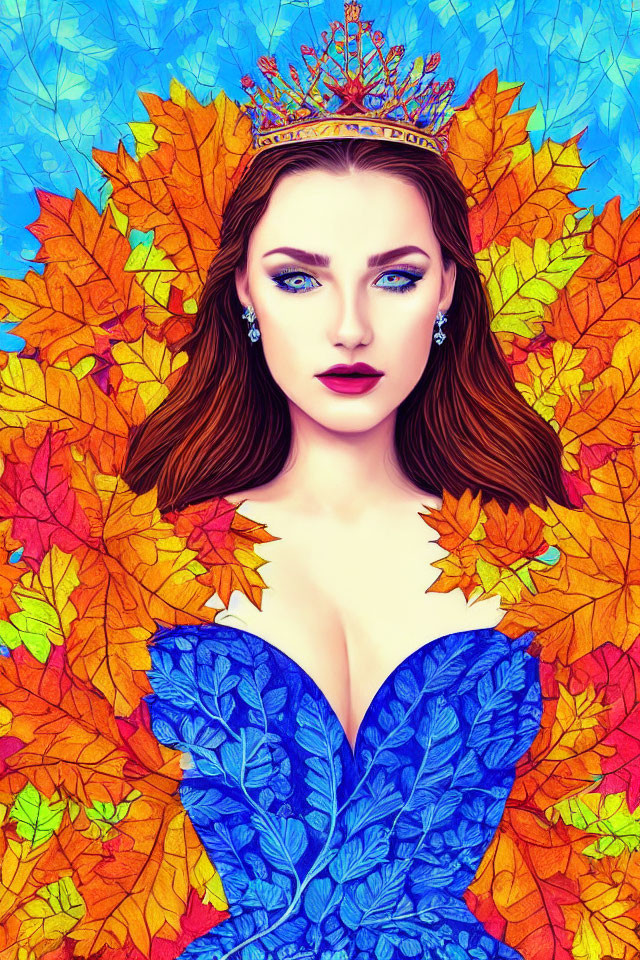 Colorful woman with autumn leaves in hair and crown, wearing blue leaf-patterned dress