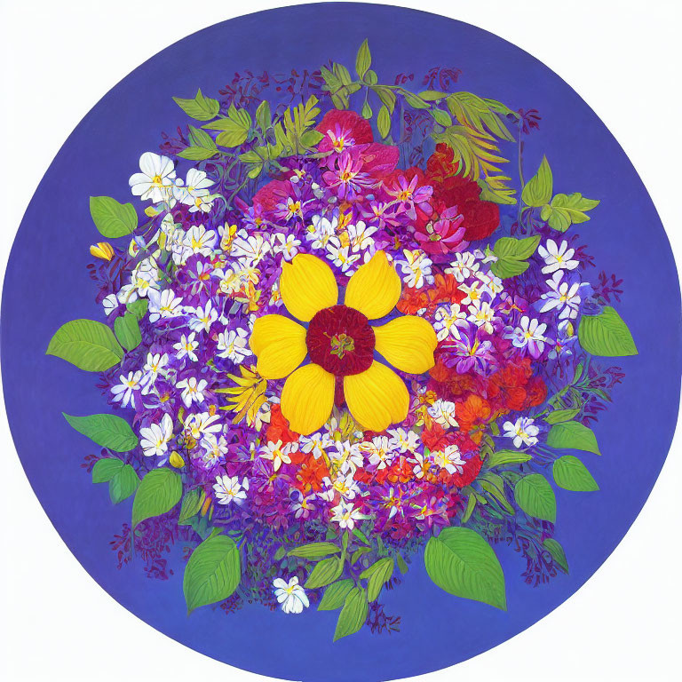 Colorful Circular Flower Arrangement on Blue Background