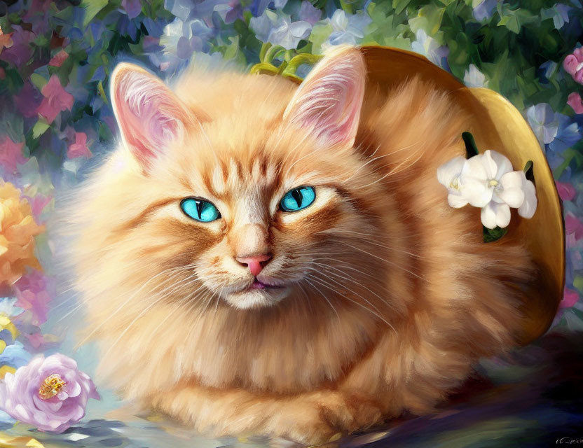 Fluffy Ginger Cat with Blue Eyes and White Flower on Colorful Floral Background