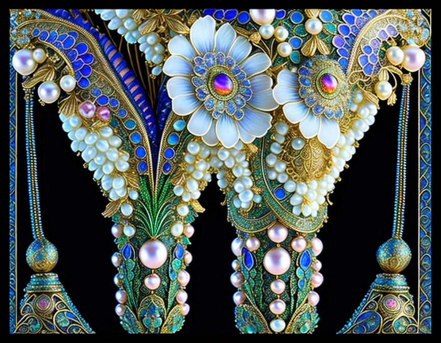 Detailed digital artwork: jewel-encrusted peacock feathers, pearl-draped flowers, intricate