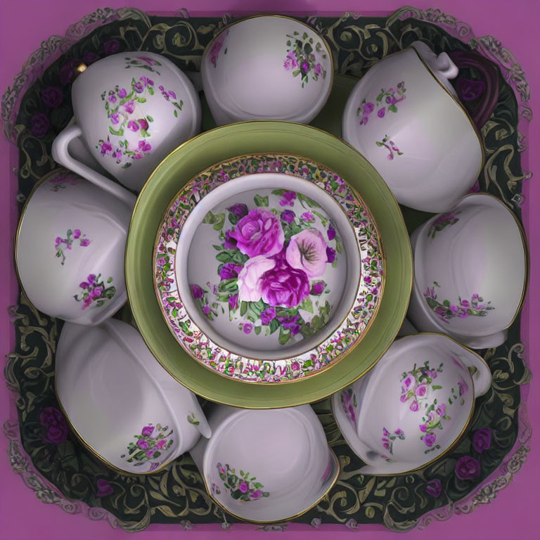Porcelain Teacups and Saucers with Floral Patterns on Purple Background