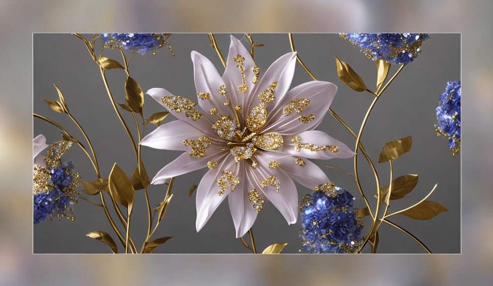 Ornate Flower Artwork with Gold Details and Blue Clusters