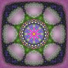 Symmetrical floral and shell-like digital mandala in purple, blue, and pink hues