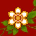 Colorful digital artwork: stylized golden flower on red background