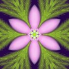Symmetrical floral digital art: purple petals, green leaves, yellow core, on purple background
