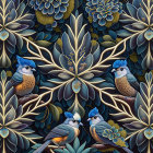 Detailed 3D Bird Illustration with Floral Pattern in Blue, White, and Gold