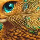 Detailed Close-Up of Golden Mechanical Owl with Blue Accents