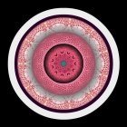 Circular mandala design with intricate purple, pink, and gold patterns on black background.