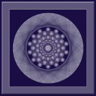 Symmetrical fractal lotus design in blue and purple on deep blue square frame