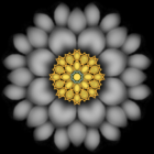Stylized digital artwork of white flower with golden center on black background