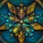 Blue and Gold Abstract Fractal Art with Spherical Shapes and Patterns