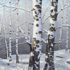 Fantastical painting of birch trees with intricate white patterns in lush undergrowth
