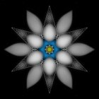 Intricate Blue, White, and Gold Fractal Flower on Black Background