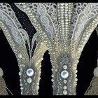 Detailed digital artwork: jewel-encrusted peacock feathers, pearl-draped flowers, intricate