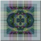 Symmetrical floral stained glass window in blue, green, and purple hues