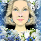Woman with Curly Golden Hair and Blue Eyes Surrounded by Blue Flowers