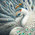 Detailed illustration of a peacock with lavish blue, green, and white tail adorned with jewels