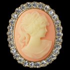 Oval Cameo Brooch with Woman Profile and Roses in Hair