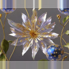 Ornate Flower Artwork with Gold Details and Blue Clusters