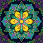 Symmetrical butterfly digital artwork with vibrant yellow, green, and purple hues