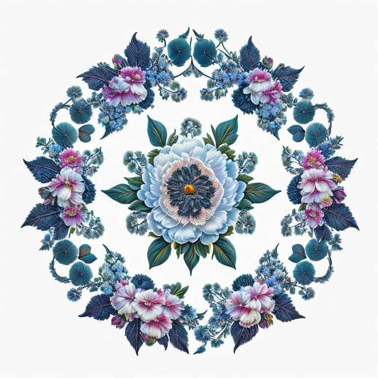 Symmetrical Blue and Pink Floral Mandala on White Background