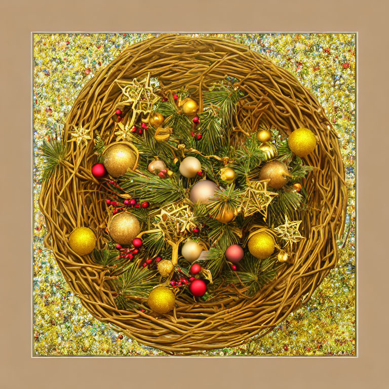 Golden Ornament Christmas Wreath with Pine and Berries