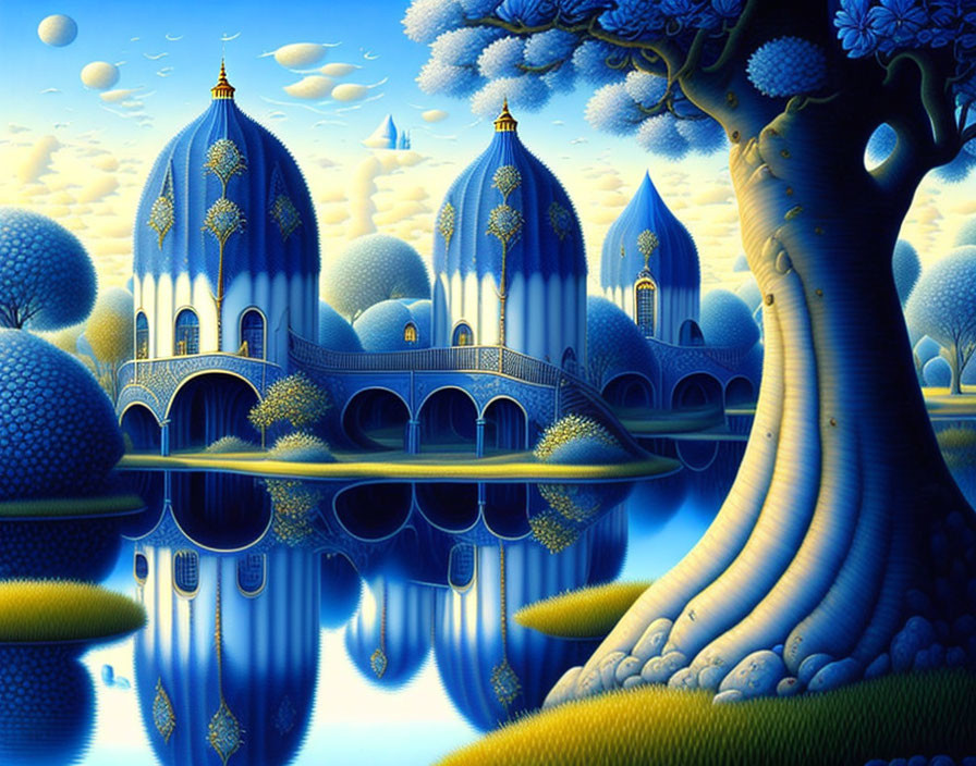 Fantastical landscape with blue onion-domed structures and lush trees reflected in water.