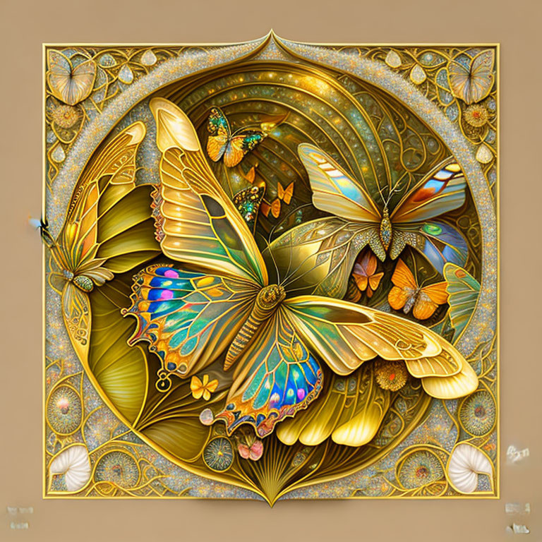 Intricate golden-framed butterfly artwork with colorful details