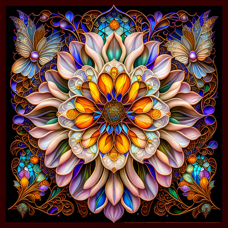 Symmetrical floral mandala in vibrant blues, oranges, and purples with stained glass style