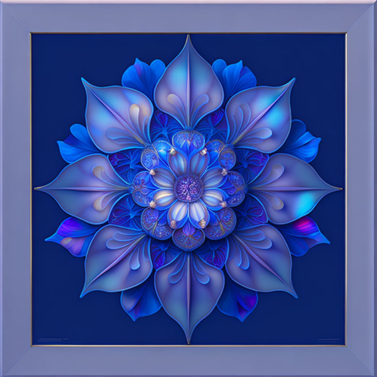 Symmetrical Blue Floral Mandala Artwork with Shimmering Light Effects