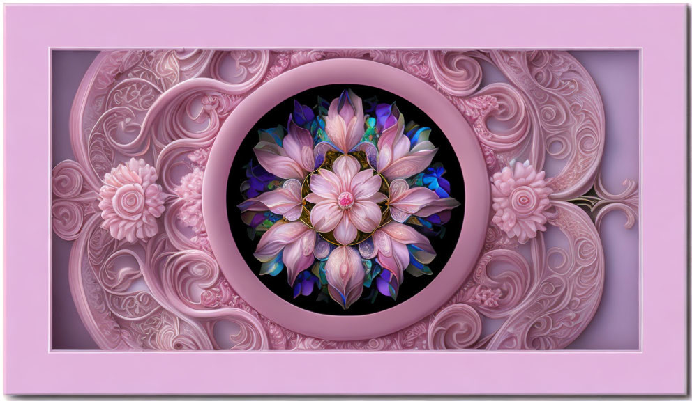Pink and Purple Mandala with Floral Patterns in Baroque Frame