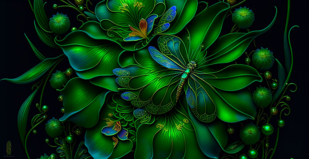 Vibrant Green Floral Composition with Dragonflies on Dark Background